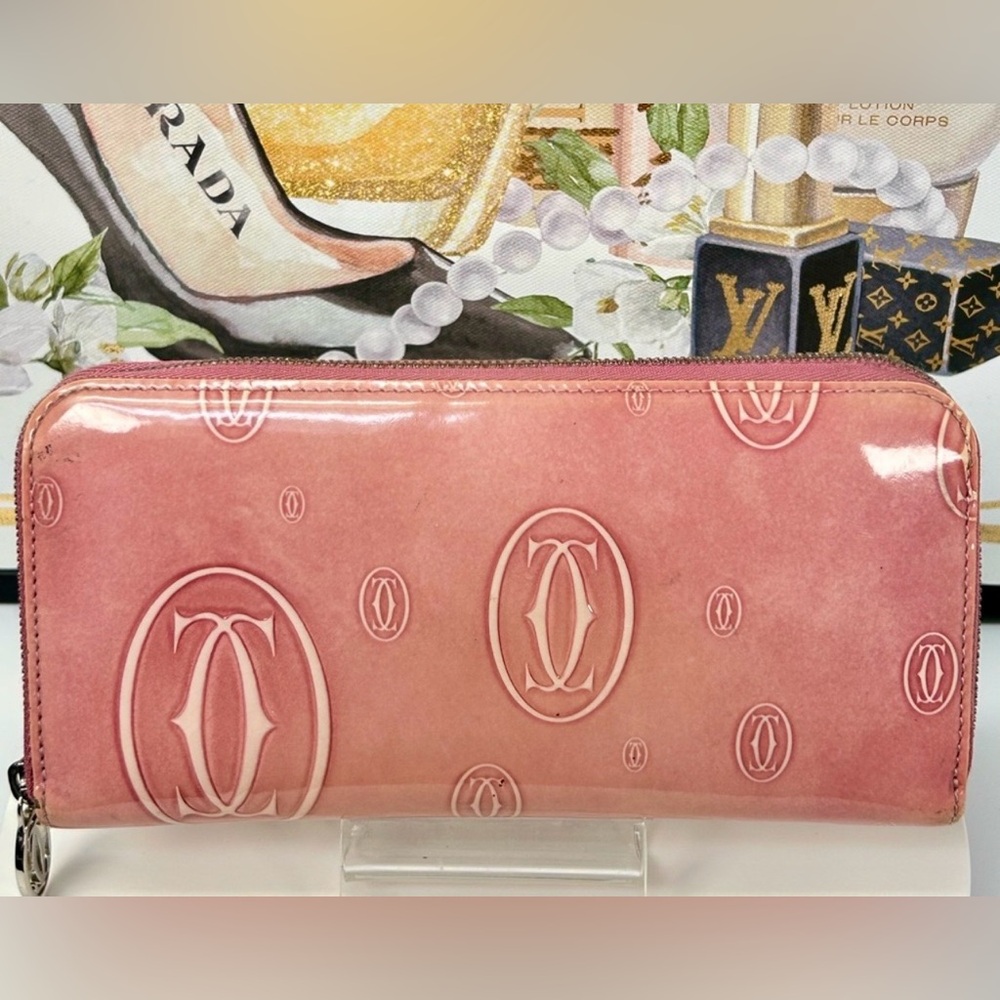EUC CARTIER Pink Patent Leather Happy Birthday Limited Edition Zip Around Wallet